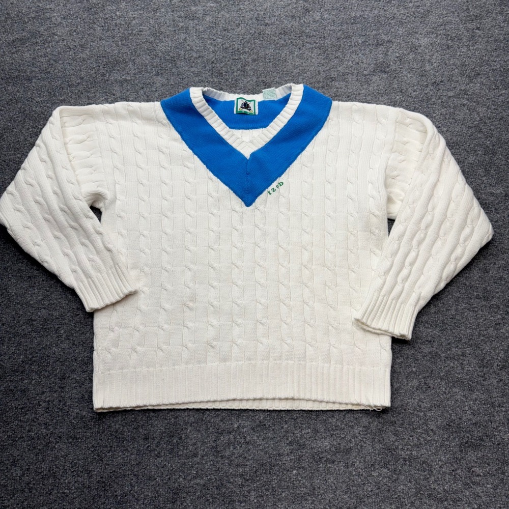 Vintage Izod Cable Knit Sweater Mens Medium White Blue V-Neck Cricket Preppy